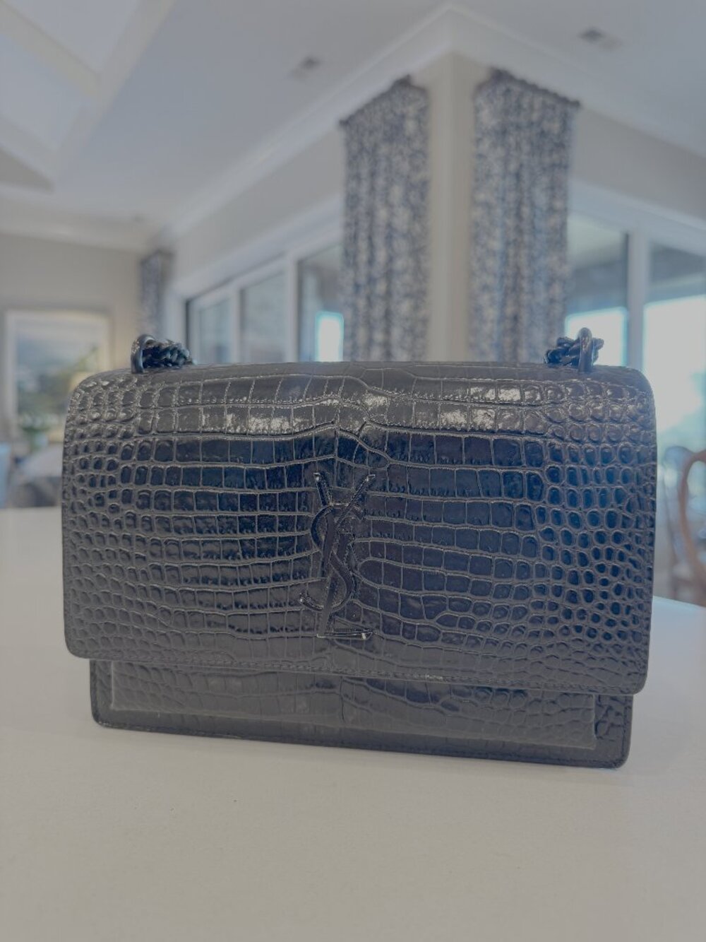 SAINT LAURENT SUNSET MEDIUM BAG IN BLACK CROCODILE-EMBOSSED LEATHER
